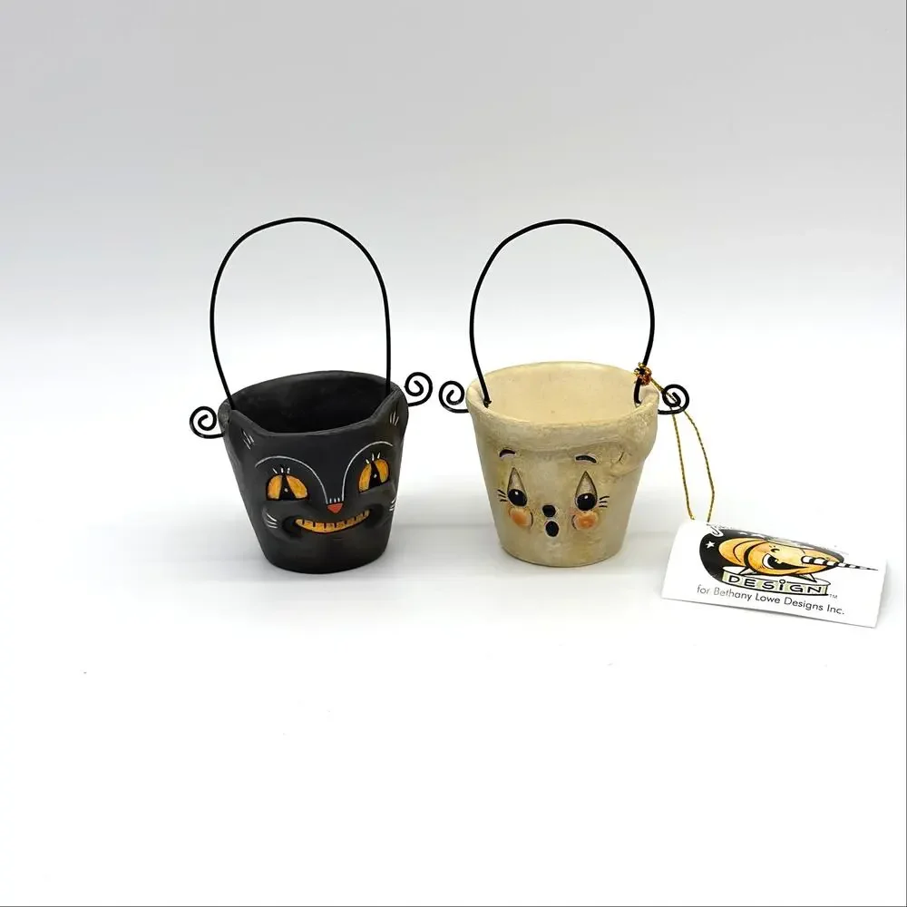 Bethany Lowe Johanna Parker 2 Boo & Cat Teeny Halloweenie Pail Ornaments NEW